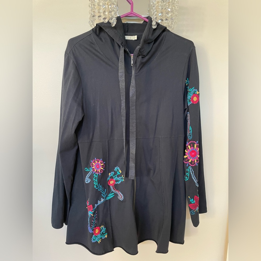 Embroidered Black Hooded Utility Jacket with Floral Accents